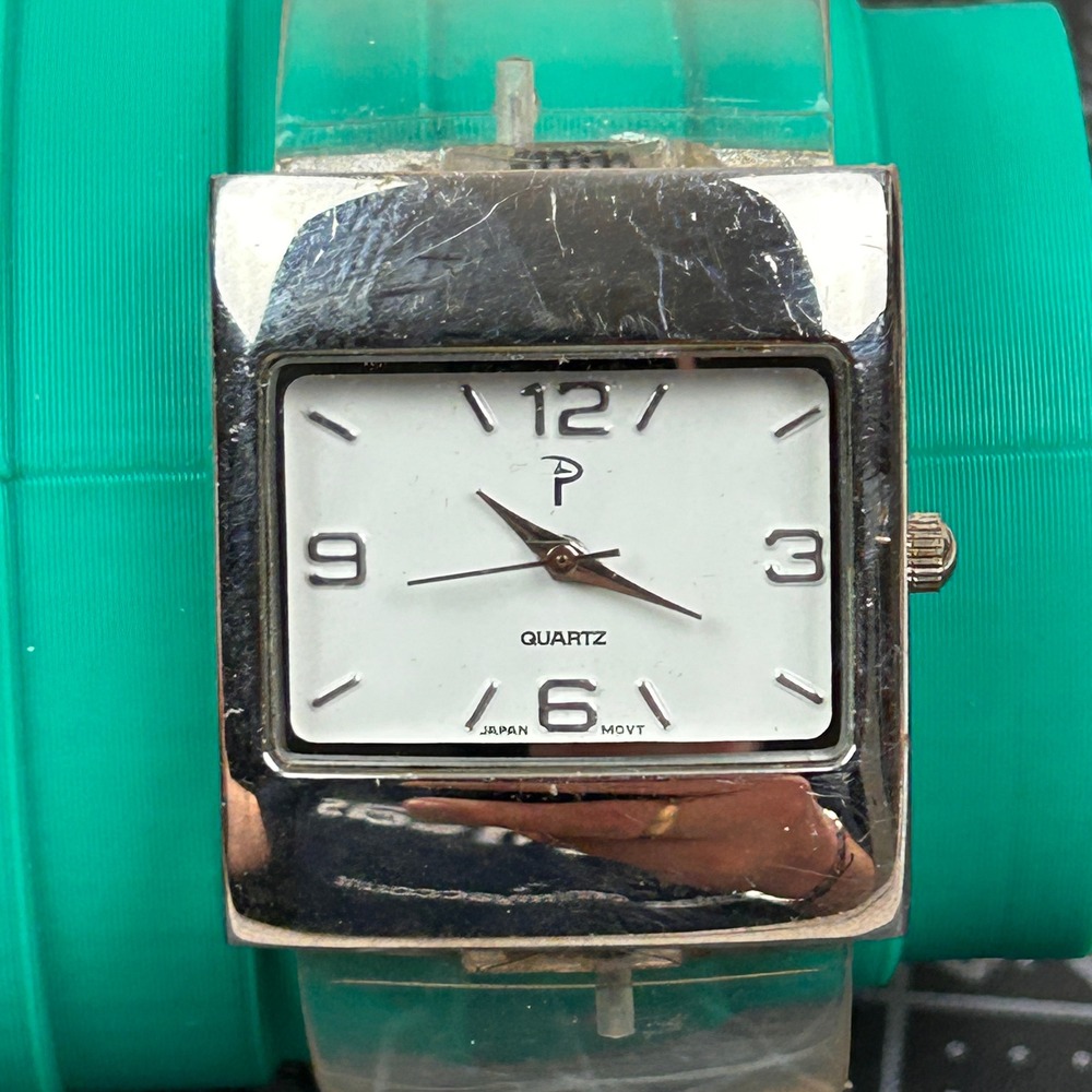 P Square Face Watch Silver Tone‎ Clear Acrylic Cuff Band Japan Movt PL2133S